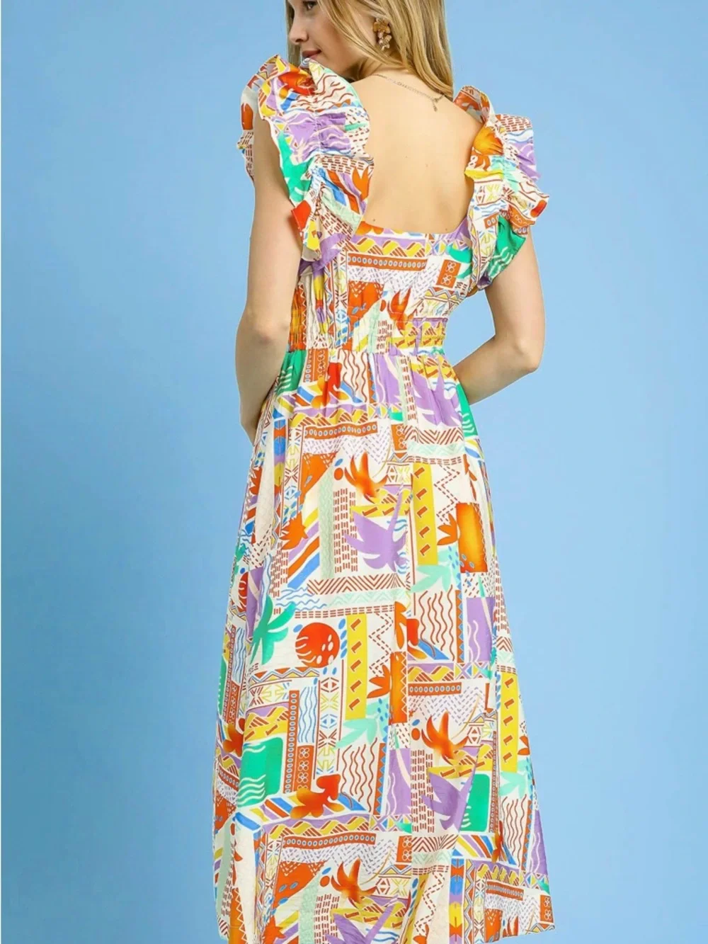Umgee Tropical Patchwork Ruffle Midi Dress - Picture 3 of 5